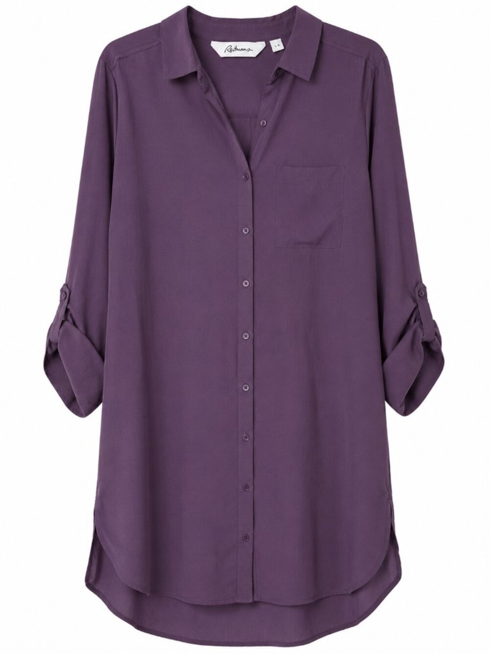 Reitmans Women's Shirt Dress Tunic Size L Purple Button Front Roll Tab Sleeve